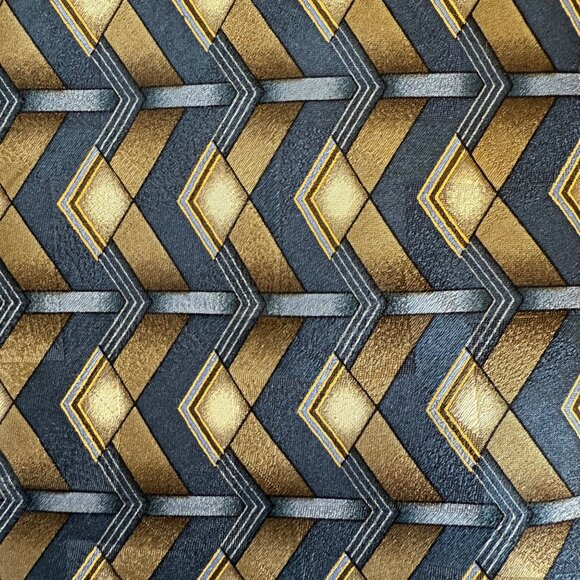 Vintage Via Europa Silk Tie Blue and Gold Geometric Pattern 58in x 4in Bold 90s - Picture 3 of 6